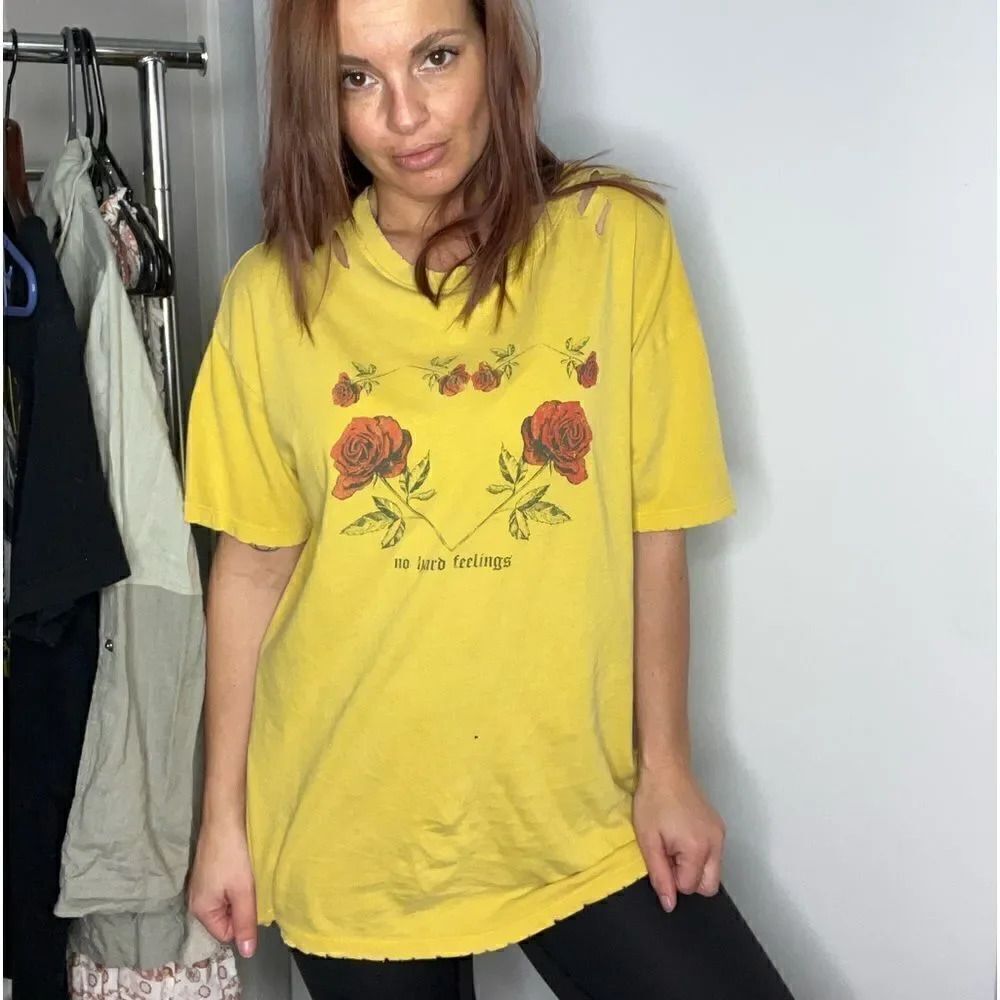 Forever 21 No Hard Feelings Distressed Short Sleeve Shirt Yellow & Red Medium